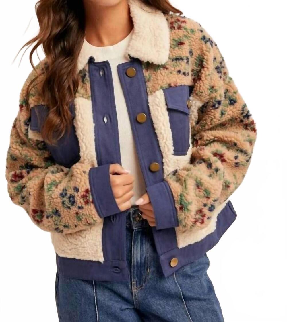 NEW HEM & THREAD floral sherpa button up bomber jacket in multicolor
